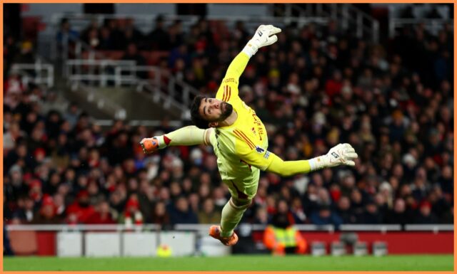 David Raya oslavuje gól Arsenalu proti Brightonu