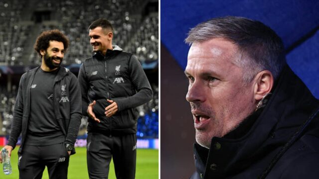 Dejan Lovren svieži výkop na Carraghera v obrane Mo Salah Dejan Lovren a Mohamed Salah z Liverpoolu oslavujú s trofejou pre Premier League po zápase Premier League medzi FC Liverpool a...