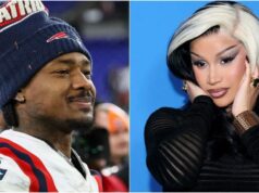 Fanúšikovia NFL reagujú, keď sa Stefon Diggs snaží nájsť Cardi B v hľadisku po víťazstve Patriots 42:10 vs. Jets logo pochodového šialenstva