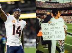 Manželka Courtlanda Suttona Brea zdieľa reakciu Broncos WR na špeciálnu vývesnú tabuľu, ktorú priniesla na zápas 16. týždňa vs. Jaguars logo pochodového šialenstva