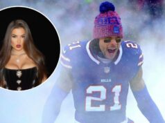 Manželke Jordana Poyera, Rachel Bushovej, sa pri takmer mrazivých mrazoch v Buffale pri teplote 1 °C nahodila leopardí vzor v plavkách s leopardím vzorom. logo pochodového šialenstva