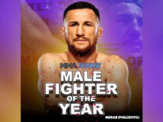 Mužský bojovník roka 2025 Junkie v MMA: Merab Dvalishvili INGLEWOOD, KALIFORNIA – 18. JANUÁRA: Merab Dvalishvili z Gruzínska reaguje na konci svojho zápasu o titul v bantamovej váhe proti Umarovi Nurmagomedovovi z Ruska počas UFC 311 v Intuit Dome 18. januára 2025 v Inglewoode v Kalifornii. (Foto: Harry How/Getty Images)