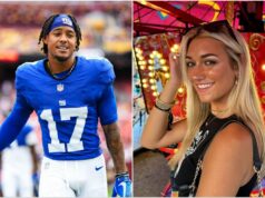 (NA FOTKÁCH) Wan’Dale Robinson a gf Alyna prechádzajú zábavným parkom Universal Studios ‚Epic Universe‘ na romantickom rande počas Giants‘ bye week logo pochodového šialenstva