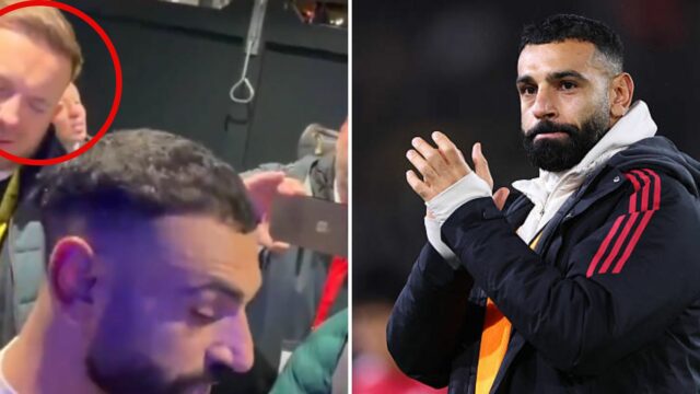 Neoceniteľná reakcia tlačového referenta, keď Salah tvrdí, že ho Liverpool Mohamed Salah z Liverpoolu máva fanúšikom na plný úväzok počas zápasu Premier League medzi Leeds United a Liverpoolom na Elland Road na...