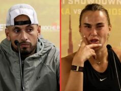 Nick Kyrgios a Aryna Sabalenka otvorene vyzývajú médiá, aby podnecovali odpor k filmu „Battle of the Sexes“ Aryna Sabalenka počas jej súboja „Battle of the Sexes“ proti Nickovi Kyrgiosovi (Zdroj: Getty)