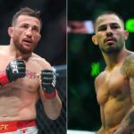LAS VEGAS, NEVADA – 4. OKTÓBRA: Merab Dvalishvili z Gruzínska (L) reaguje proti Corymu Sandhagenovi zo Spojených štátov počas titulového zápasu bantamovej váhy v UFC 320: Ankalaev vs Pereira 2 v T-Mobile Arene 4. októbra 2025 v Las Vegas, Nevada. (Foto: Sean M. Haffey/Getty Images)