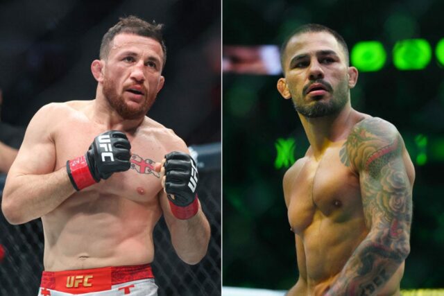 LAS VEGAS, NEVADA – 4. OKTÓBRA: Merab Dvalishvili z Gruzínska (L) reaguje proti Corymu Sandhagenovi zo Spojených štátov počas titulového zápasu bantamovej váhy v UFC 320: Ankalaev vs Pereira 2 v T-Mobile Arene 4. októbra 2025 v Las Vegas, Nevada. (Foto: Sean M. Haffey/Getty Images)