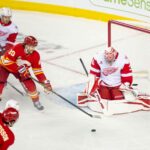 (SLEDOVAŤ) Bitka brankárov NHL dráždila po tom, čo John Gibson z Red Wings zaútočil na hráčov Flames a vyzval Devina Cooleyho, aby opustil bránku