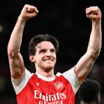 Declan Rice oslavuje gól Arsenalu