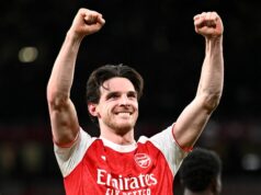 Súkromná odpoveď Declana Ricea na požiadavku Mikela Artetu zhŕňa hviezdu Arsenalu Declan Rice oslavuje gól Arsenalu