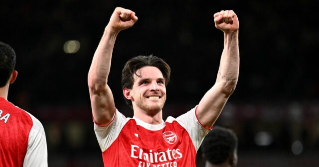 Declan Rice oslavuje gól Arsenalu