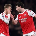 Hviezdy Arsenalu Martin Odegarard a Declan Rice