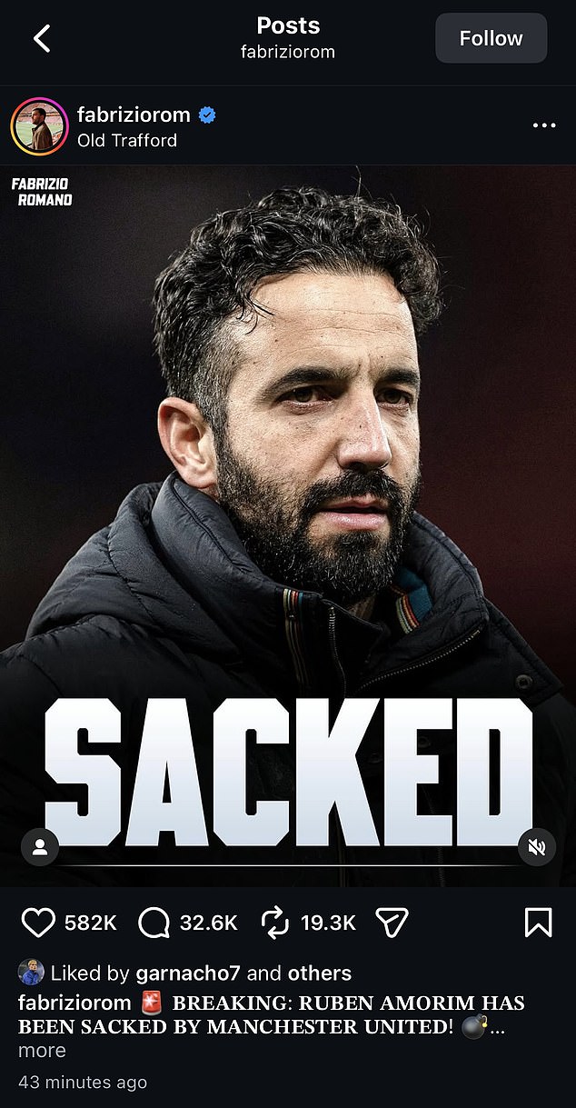 Alejandro Garnacho oslavuje prepustenie Rubena Amorima z Man United, keď Alejandrovi Garnachovi sa páčil príspevok na Instagrame, ktorý potvrdil, že Ruben Amorim bol prepustený