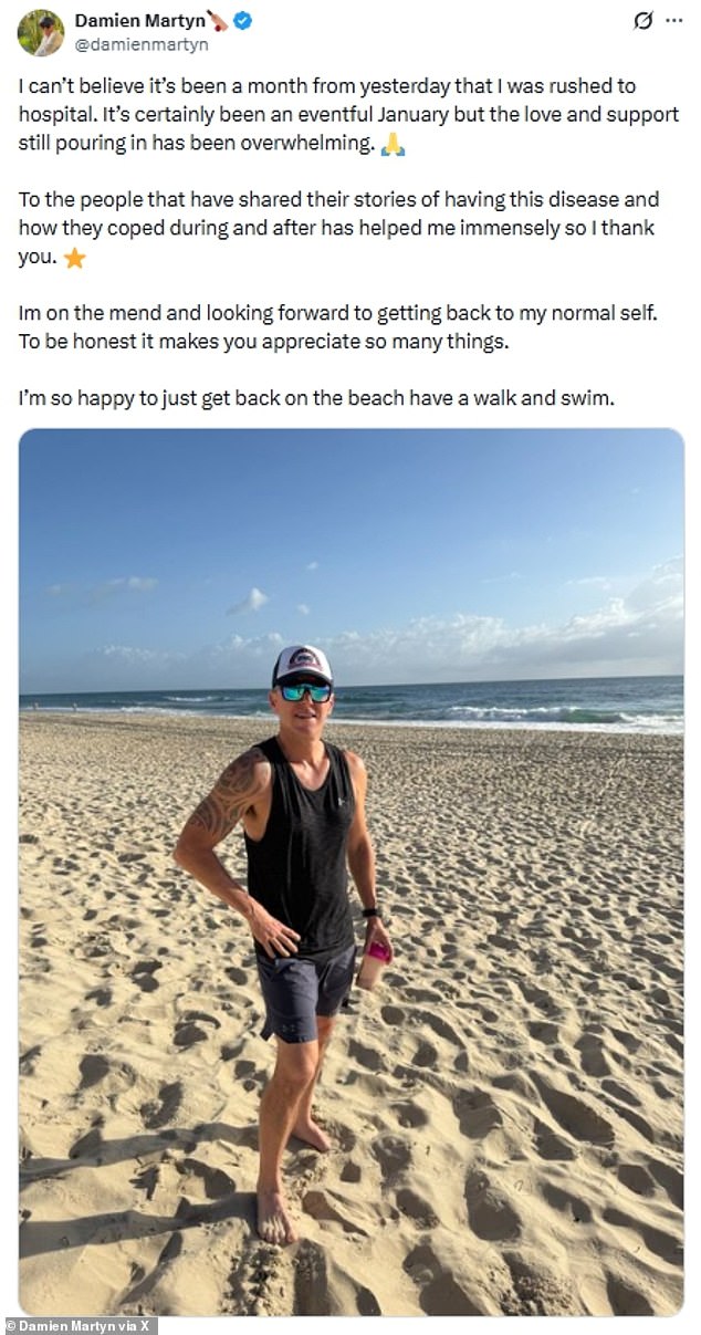 Austrálska kriketová legenda Damien Martyn uverejňuje pozitívnu aktualizáciu zdravotného stavu Damien Martyn hovorí, že je „na náprave“ mesiac po tom, čo bol austrálsky velikán kriketu prijatý do nemocnice v Gold Coast, kde bojuje o život.