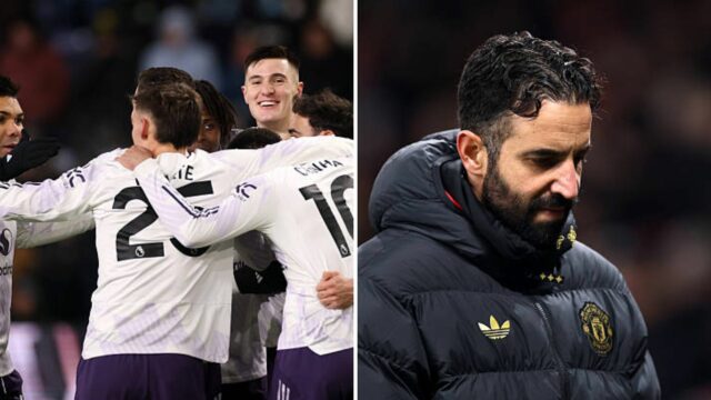 Benjamin Sesko z Manchestru United oslavuje druhý gól svojho tímu so spoluhráčom Patrickom Dorguom počas zápasu Premier League medzi...