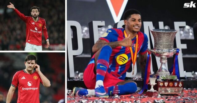Duo Manchestru United Bruno Fernandes a Harry Maguire reagujú správou po tom, čo Rashford zdieľa obrázky trofeje s Barcelonou
