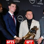 Kandidáti na Heismana, zľava: Jeremiyah Love, Fernando Mendoza, Diego Pavia a Julian Sayin. Napriek oficiálnej výške 6 stôp bola Pavia výrazne malá ako všetci ostatní