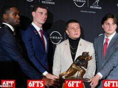 Futbaloví fanúšikovia zostali ohromení, keď na Senior Bowl odhalili skutočnú výšku quarterbacka Diega Paviu Kandidáti na Heismana, zľava: Jeremiyah Love, Fernando Mendoza, Diego Pavia a Julian Sayin. Napriek oficiálnej výške 6 stôp bola Pavia výrazne malá ako všetci ostatní