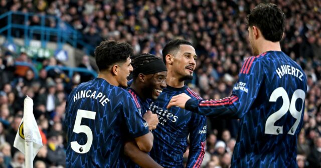 LEEDS, ANGLICKO - 31. JANUÁRA: Noni Madueke z Arsenalu oslavuje po tom, čo Karl Darlow z Leeds United (bez obrázku) strelil vlastný gól a druhý gól tímu počas zápasu Premier League medzi Leeds United a Arsenalom na Elland Road 31. januára 2026 v anglickom Leedse. (Foto David Price/Arsenal FC cez Getty Images)