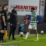 Auston Trusty z Celticu opúšťa ihrisko po tom, čo v 77. minúte dostal červenú kartu