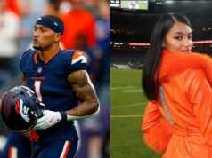 Manželka Evana Engrama Emily sa počas play-off chváli na mieru prispôsobeným oblekom s odhalenými nohami zo zariadenia Broncos logo pochodového šialenstva