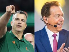 Mario Cristobal rozosmieva Nicka Sabana, keď odhaľuje taktiku, ktorá pomohla Miami vyvolať najväčšie rozrušenie v histórii CFP logo pochodového šialenstva