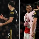 LONDÝN, ANGLICKO - 25. JANUÁRA: Gabriel z Arsenalu sa stretne s Harrym Maguire z Manchestru United na plný úväzok po zápase Premier League medzi Arsenalom a Manchestrom United na Emirates Stadium 25. januára 2026 v Londýne v Anglicku. (Foto: Alex Pantling/Getty Images)