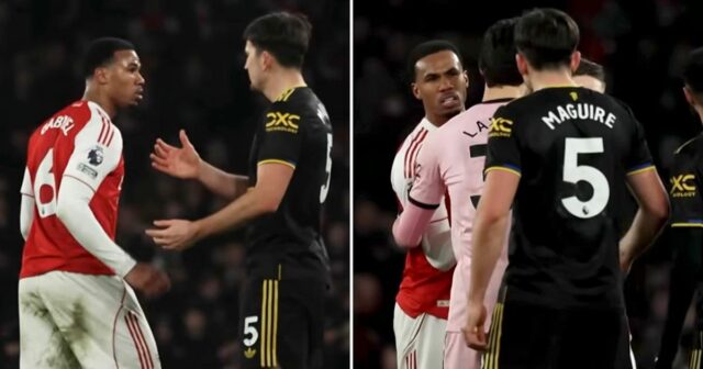 LONDÝN, ANGLICKO - 25. JANUÁRA: Gabriel z Arsenalu sa stretne s Harrym Maguire z Manchestru United na plný úväzok po zápase Premier League medzi Arsenalom a Manchestrom United na Emirates Stadium 25. januára 2026 v Londýne v Anglicku. (Foto: Alex Pantling/Getty Images)
