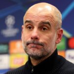 BODO, NÓRSKO – 20. JANUÁRA: Pep Guardiola, manažér Manchestru City, reaguje, keď hovorí pre médiá na pozápasovej tlačovej konferencii po zápase MD7 fázy Ligy majstrov UEFA 2025/26 medzi FK Bodo/Glimt a Manchester City na štadióne Aspmyra v Nórsku 20. januára 2006. (Foto: Michael Regan – UEFA/UEFA cez Getty Images)
