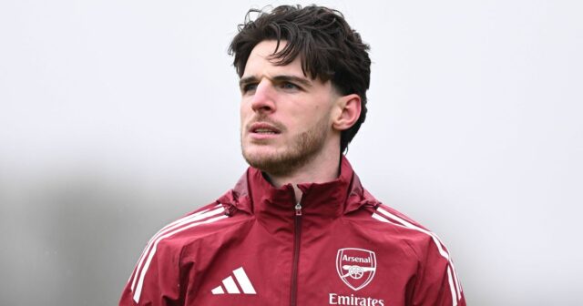 LONDÝN COLNEY, ANGLICKO – 27. JANUÁRA: Declan Rice of Arsenal počas tréningu Arsenalu v Sobha Realty Training Center 27. januára 2026 v London Colney, Anglicko. (Foto David Price/Arsenal FC cez Getty Images)