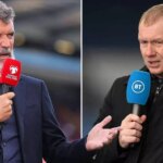 Ikony Man Utd Roy Keane a Paul Scholes hovoriace do mikrofónov.