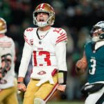Brock Purdy oslavuje po tom, čo jeho San Francisco 49ers porazilo Philadelphia Eagles