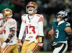 Šampión Super Bowlu Philadelphia Eagles PREHRAL so San Franciscom 49ers, keďže play-off NFL bolo otvorené dokorán Brock Purdy oslavuje po tom, čo jeho San Francisco 49ers porazilo Philadelphia Eagles