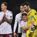 Brankárovi Hearts Craigovi Gordonovi gratulujú jeho spoluhráči po víťazstve v Dens Parku