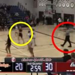 Rozhodca (červený kruh) v basketbalovom zápase dievčat na strednej škole v Kansase vylúčil hráčku (žltý kruh), keď sa zdalo, že mu niečo hovorí