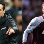 Unai Emery, manažér Aston Villy, hovorí s Harveym Elliottom z Aston Villy predtým, ako nastúpi ako náhradník počas zápasu Premier League medzi Evertonom a Aston Villou na štadióne Hill Dickinson 13. septembra 2025 v Liverpoole v Anglicku.