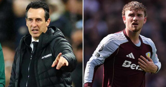 Unai Emery, manažér Aston Villy, hovorí s Harveym Elliottom z Aston Villy predtým, ako nastúpi ako náhradník počas zápasu Premier League medzi Evertonom a Aston Villou na štadióne Hill Dickinson 13. septembra 2025 v Liverpoole v Anglicku.