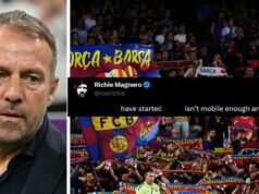 „Už nie je dosť mobilný“, „Varíme“ – fanúšikovia Barcelony reagujú zmiešane ako superhviezda zahrnutá do XI zápasu o Real Madrid L to R: Hansi Flick and Barcelona fans (All images sourced from Getty and X/@roxrichie)