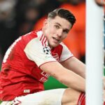 Viktor Gyokeres z Arsenalu reaguje po nevyužitej šanci