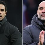 LONDÝN, ANGLICKO - 2. FEBRUÁRA: Pep Guardiola, manažér Manchestru City, sa objíma s Mikelom Artetom, manažérom Arsenalu, pred zápasom Premier League medzi Arsenal FC a Manchester City FC na Emirates Stadium 2. februára 2025 v Londýne v Anglicku. (Foto David Price/Arsenal FC cez Getty Images)