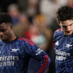 Noni Madueke z Arsenalu oslavuje strelenie prvého gólu svojho tímu (Arsenal FC cez Getty Images)