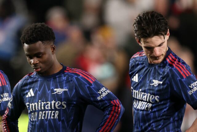 Noni Madueke z Arsenalu oslavuje strelenie prvého gólu svojho tímu (Arsenal FC cez Getty Images)