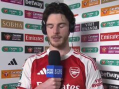 Declan Rice vypadol z víťazstva v Arsenal Premier League – „Moja chyba“ Declan Rice hovorí, že Arsenal si musí užiť chvíľu po tom, čo si zabezpečil miesto vo finále Carabao Cupu.