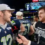 Chris Pratt (vľavo) označil austrálskeho hráča Michaela Dicksona (vpravo) za „žrebca“ po tom, čo pomohol tímu Seattle Seahawks poraziť New England Patriots v nedeľňajšom nočnom Super Bowle.