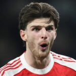 Declan Rice počas Premier League Arsenalu proti Tottenhamu Hotspur