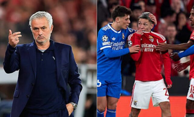 Jose Mourinho vynechá mediálnu povinnosť, keďže UEFA zakázala Gianlucu Prestiannimu Rozhodca Francois Letexier sa háda s Gianlucom Prestiannim z Benficy, Rafom Silvom z Benficy, Nicolasom Otamendim z Benficy, Fredrikom Aursnesom z Benficy...