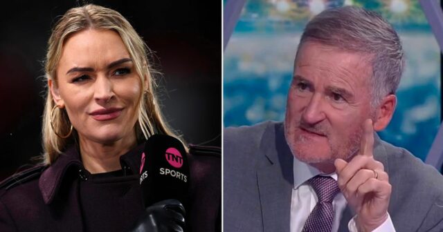 MANCHESTER, ANGLICKO – 11. JANUÁRA: Laura Woodsová, športová moderátorka, reaguje pri práci na ihrisku pred zápasom tretieho kola Emirates FA Cupu medzi Manchestrom United a Brighton & Hove Albion 11. januára 2026 v Manchestri v Anglicku. (Foto Richard Sellers/Sportsphoto/Allstar cez Getty Images)