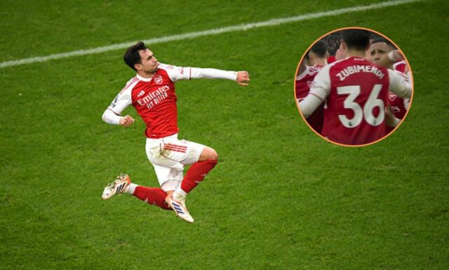 Martin Zubimendi z Arsenalu oslavuje prvý gól svojho tímu počas zápasu Premier League medzi Arsenalom a Sunderlandom na ihrisku Emirates...