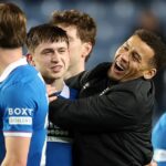 Mikey Moore a James Tavernier na plný úväzok po zápase William Hill Premiership medzi Rangers a Kilmarnockom na Ibrox Stadium