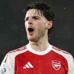 Declan Rice z Arsenalu počas zápasu Premier League medzi Wolverhampton Wanderers a Arsenalom v Molineux 18. februára 2026 v anglickom Wolverhamptone.